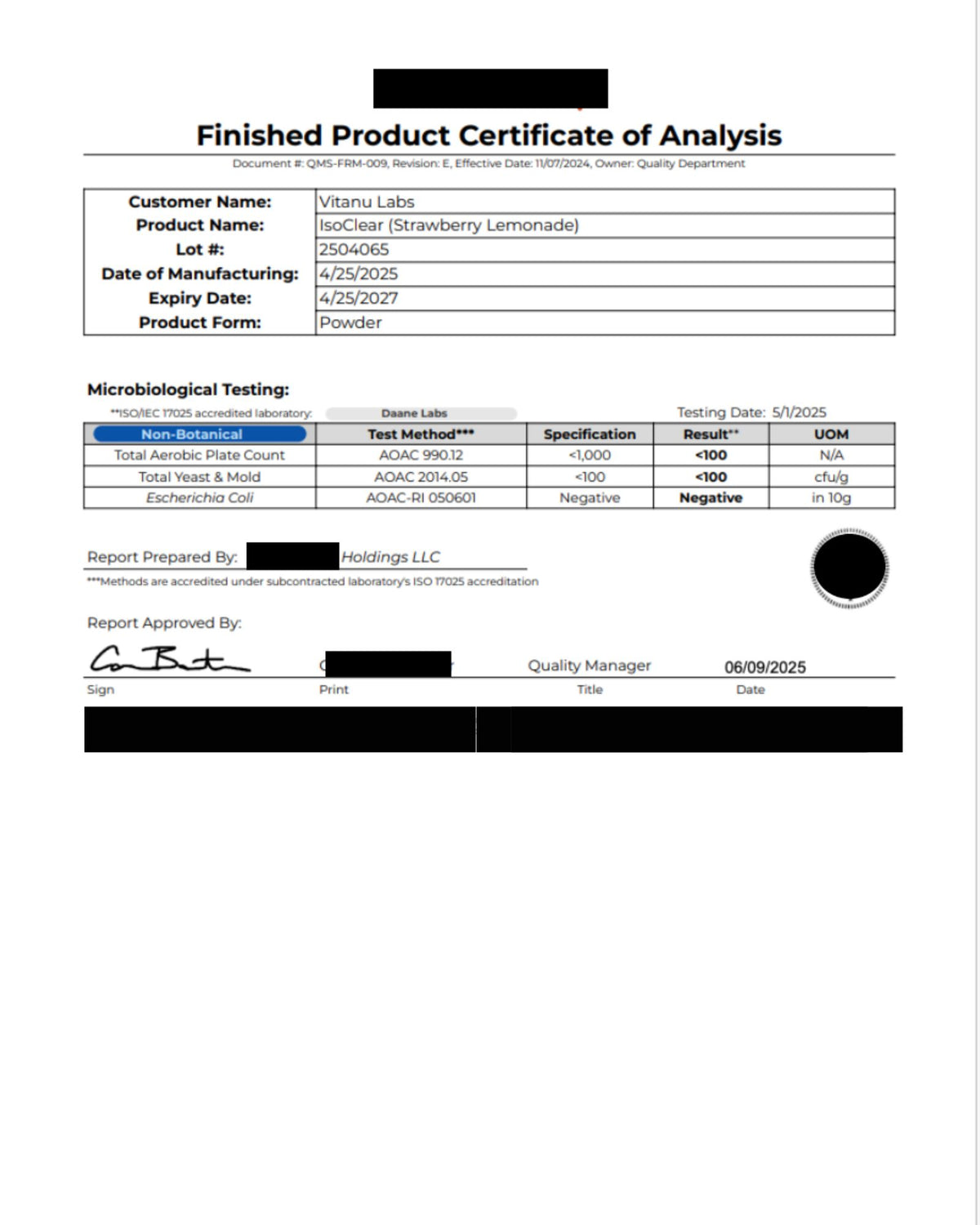 Certificate of Analysis (COA)