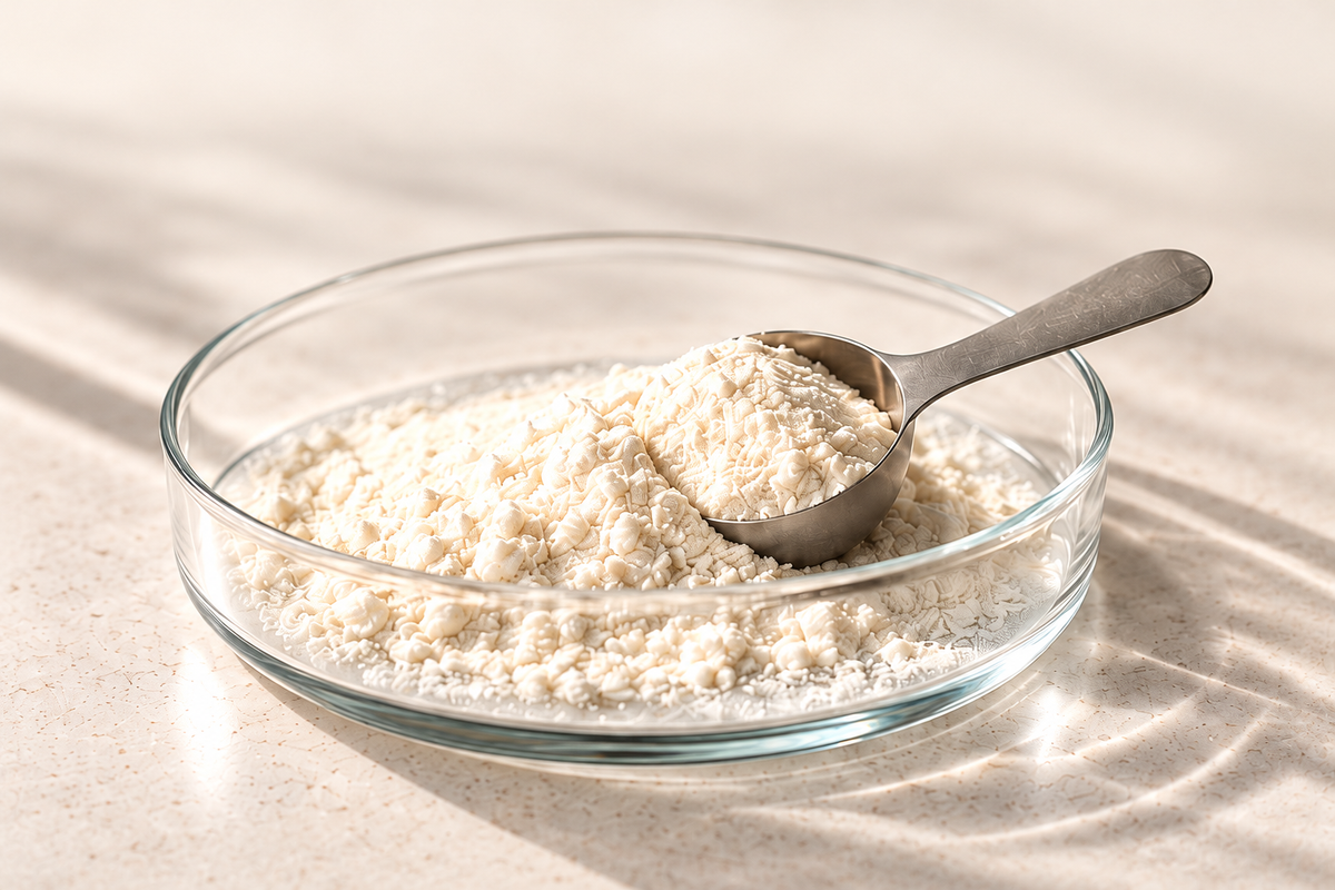 Supplement powder in a glass bowl with a spoon